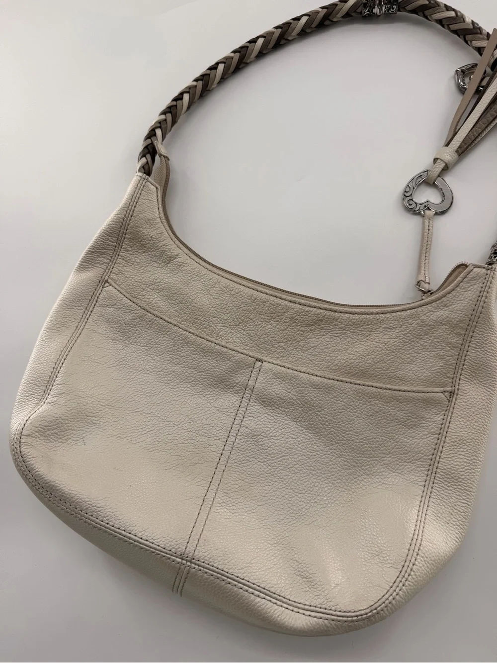 Brighton Barbados Ziptop Hobo bag in Zinc Pearl leather hand-braided strap purse